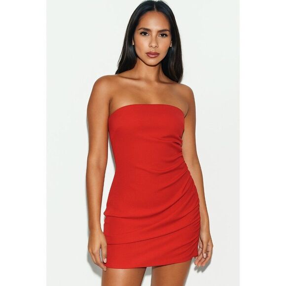 NWT Zara Side Ruched Strapless Cherry Red Bodycon Mini Dress - Picture 1 of 9